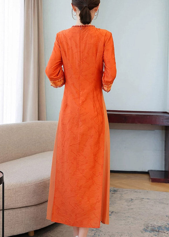 Chinese Style Orange Print Silk Long Dress Three Quarter Sleeve