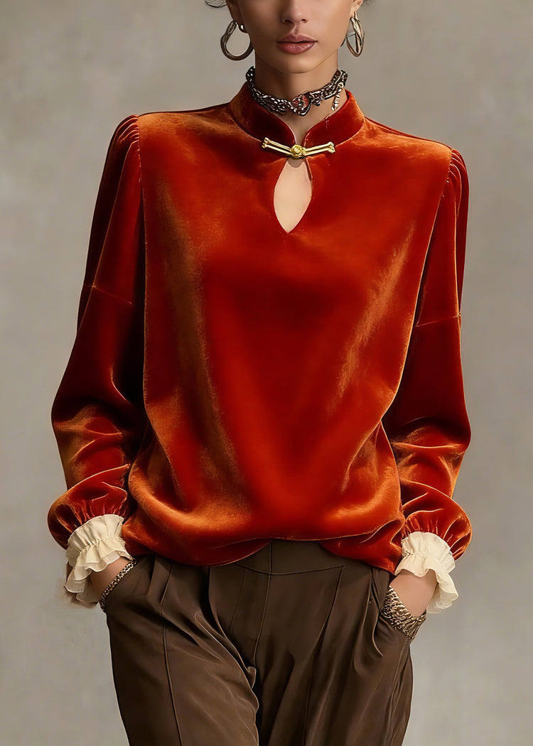 Chinese Style Orange Stand Collar Patchwork Silk Velour Top Petal Sleeve - Omychic