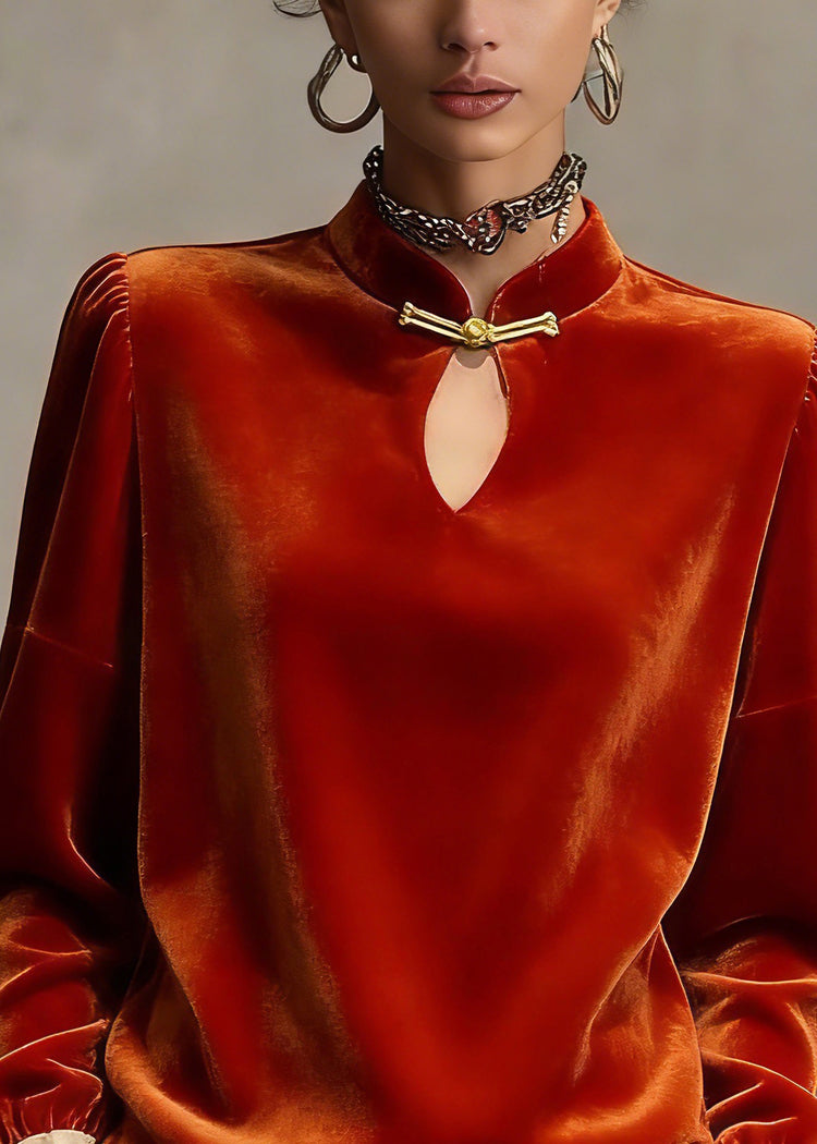 Chinese Style Orange Stand Collar Patchwork Silk Velour Top Petal Sleeve - Omychic