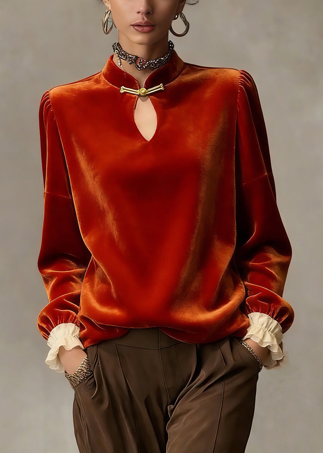 Chinese Style Orange Stand Collar Patchwork Silk Velour Top Petal Sleeve - Omychic