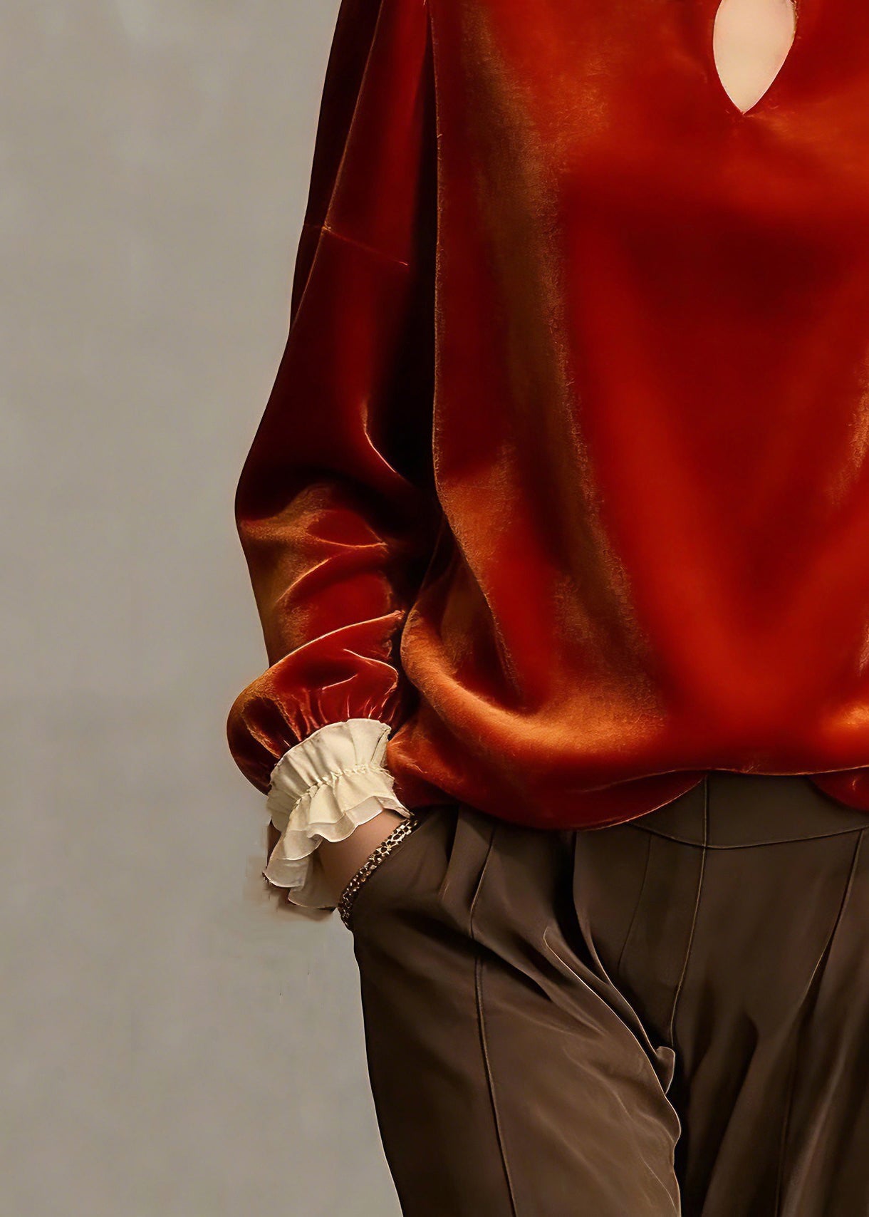 Chinese Style Orange Stand Collar Patchwork Silk Velour Top Petal Sleeve - Omychic