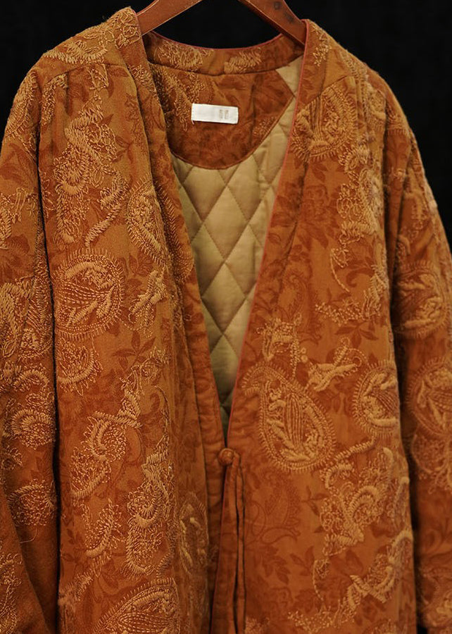 Chinese Style Orange V Neck Print Fine Cotton Filled Coat Winter