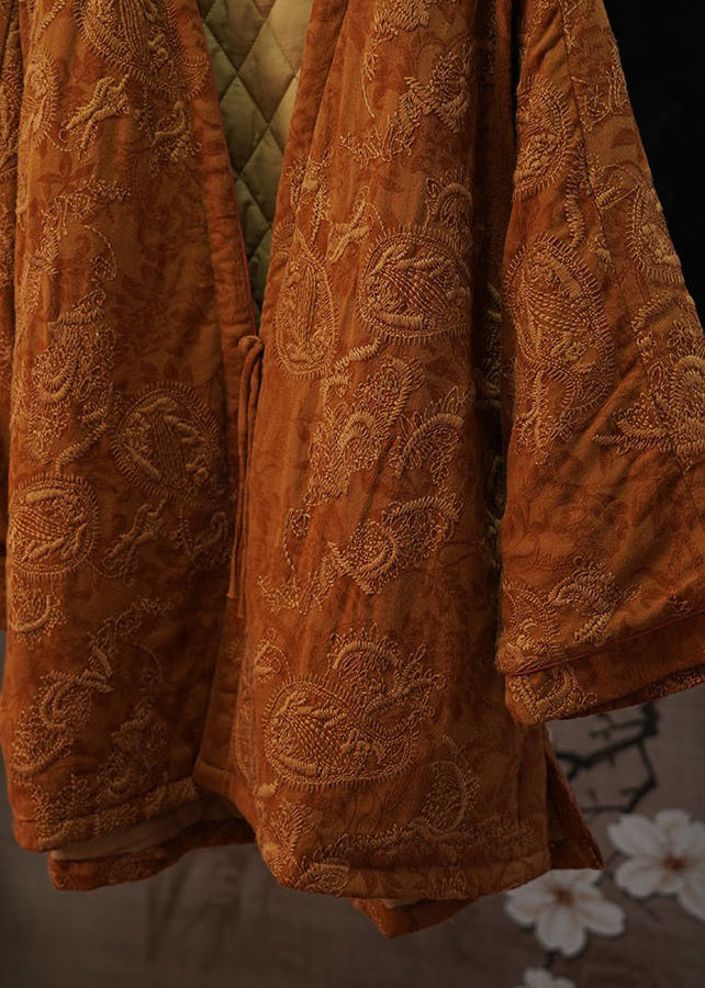 Chinese Style Orange V Neck Print Fine Cotton Filled Coat Winter