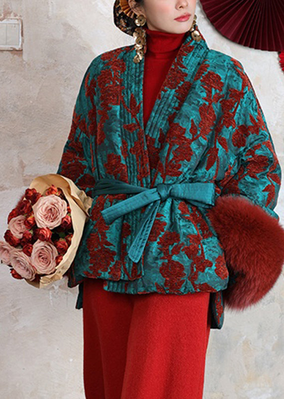 Chinese Style Peacock Blue V Neck Patchwork Tie Waist Fine Cotton Filled Parka Winter