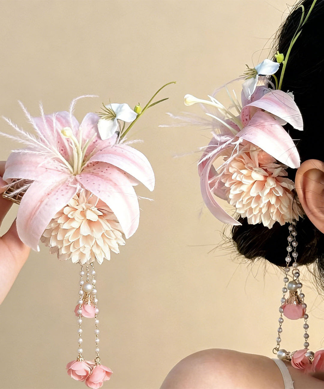 Chinese Style Pink Alloy Floral Pearl Tassel Hairpin
