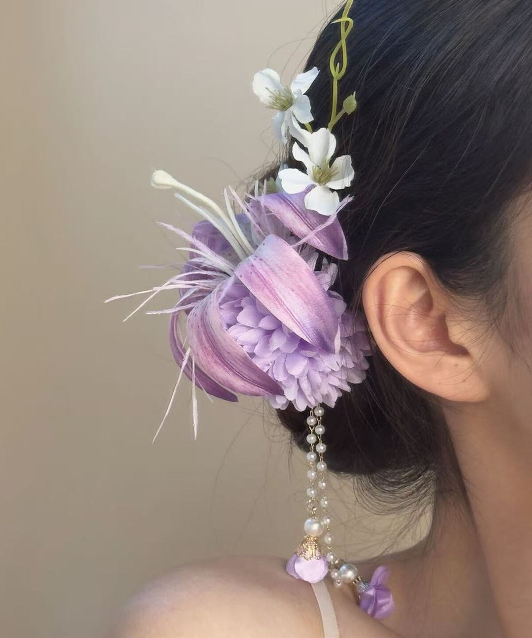 Chinese Style Pink Alloy Floral Pearl Tassel Hairpin