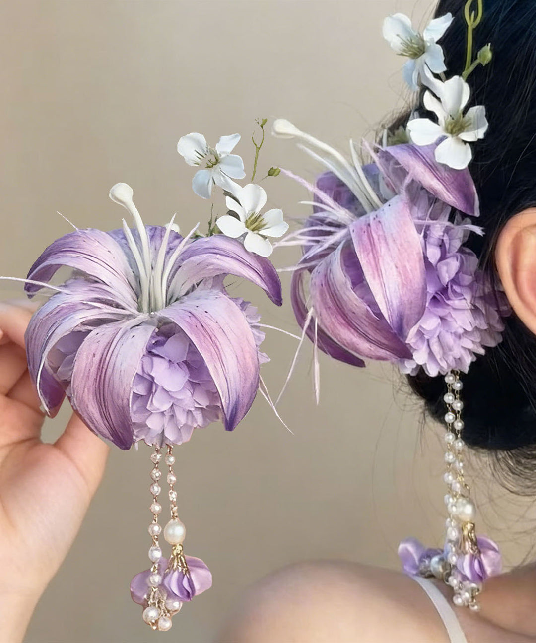 Chinese Style Pink Alloy Floral Pearl Tassel Hairpin
