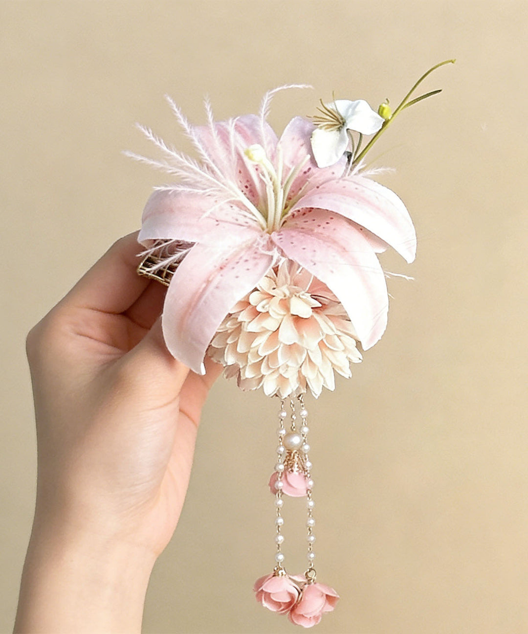 Chinese Style Pink Alloy Floral Pearl Tassel Hairpin