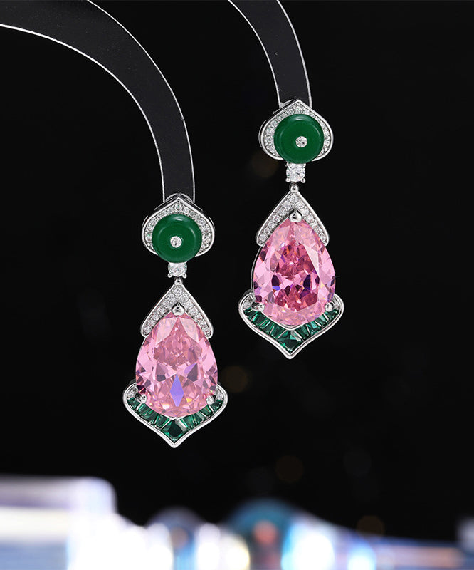 Chinese Style Pink Copper Overgild Gem Stone Water Drop Drop Earrings