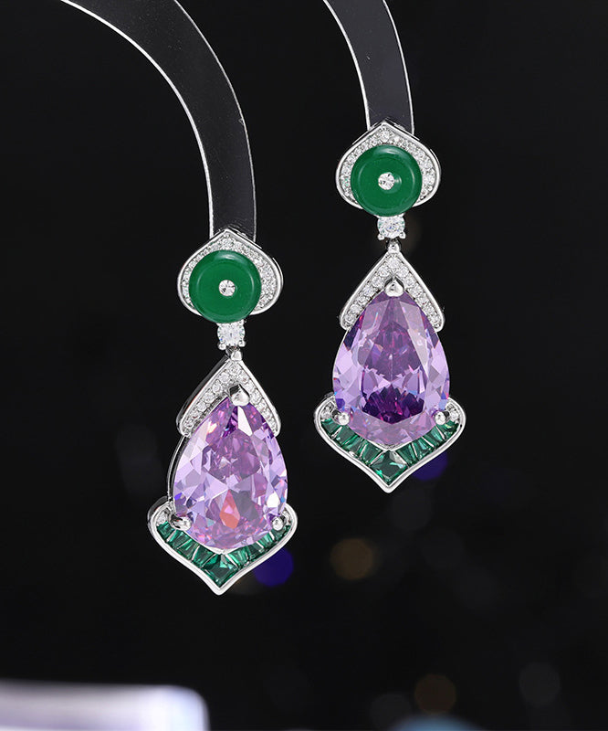 Chinese Style Pink Copper Overgild Gem Stone Water Drop Drop Earrings