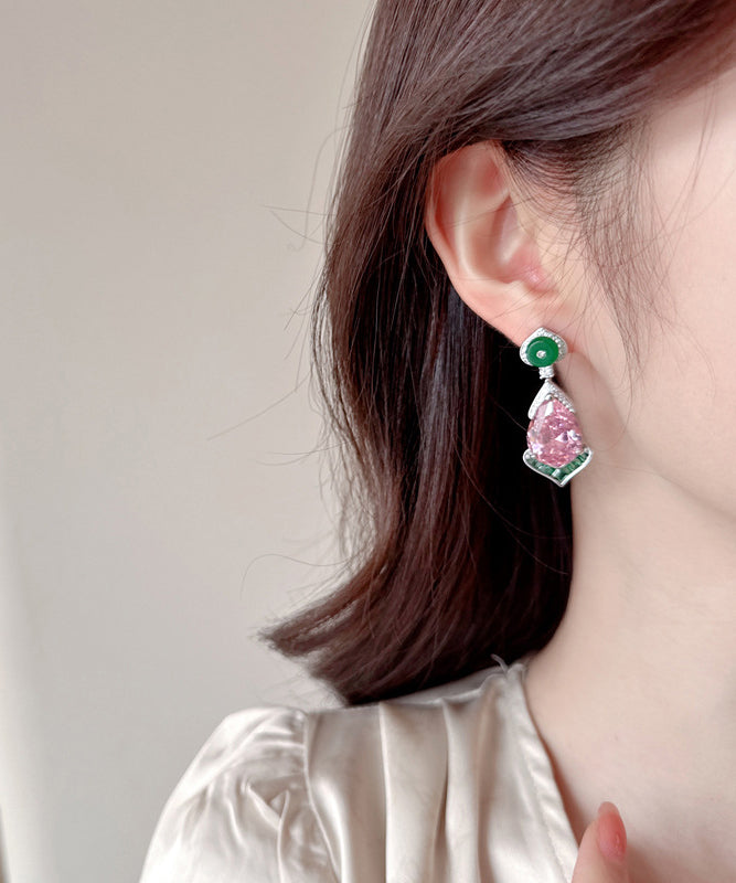 Chinese Style Pink Copper Overgild Gem Stone Water Drop Drop Earrings