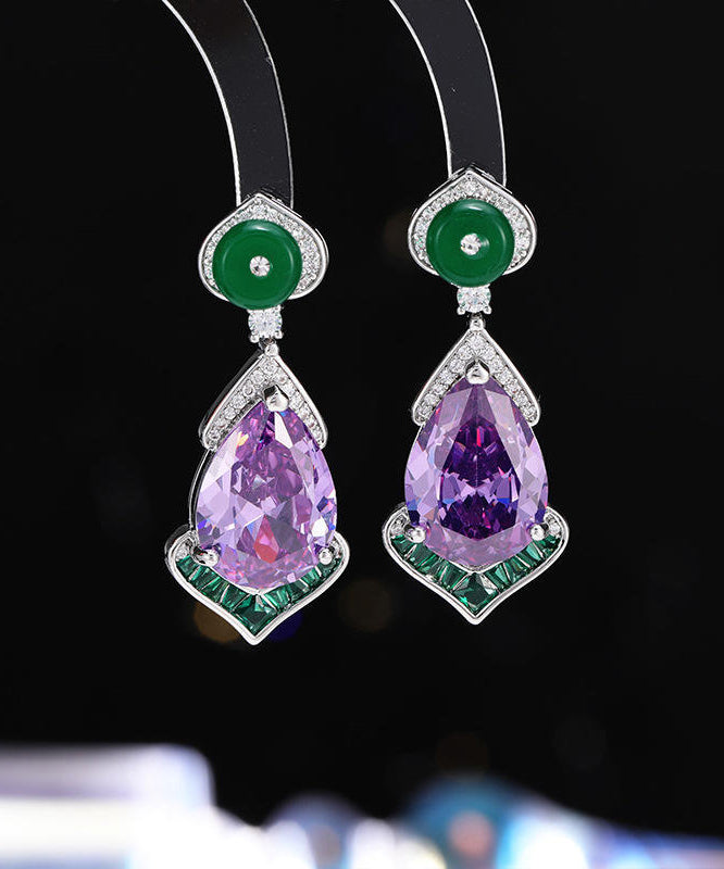 Chinese Style Pink Copper Overgild Gem Stone Water Drop Drop Earrings