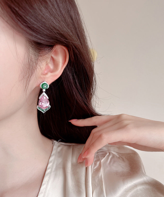 Chinese Style Pink Copper Overgild Gem Stone Water Drop Drop Earrings