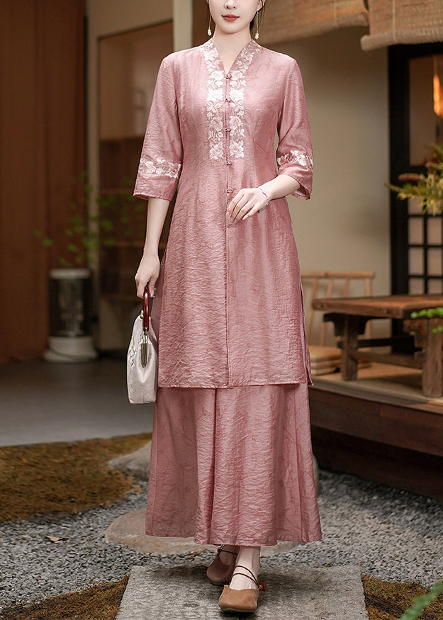 Chinese Style Pink Embroidered Button Side Open Silk Two Pieces Set Half Sleeve