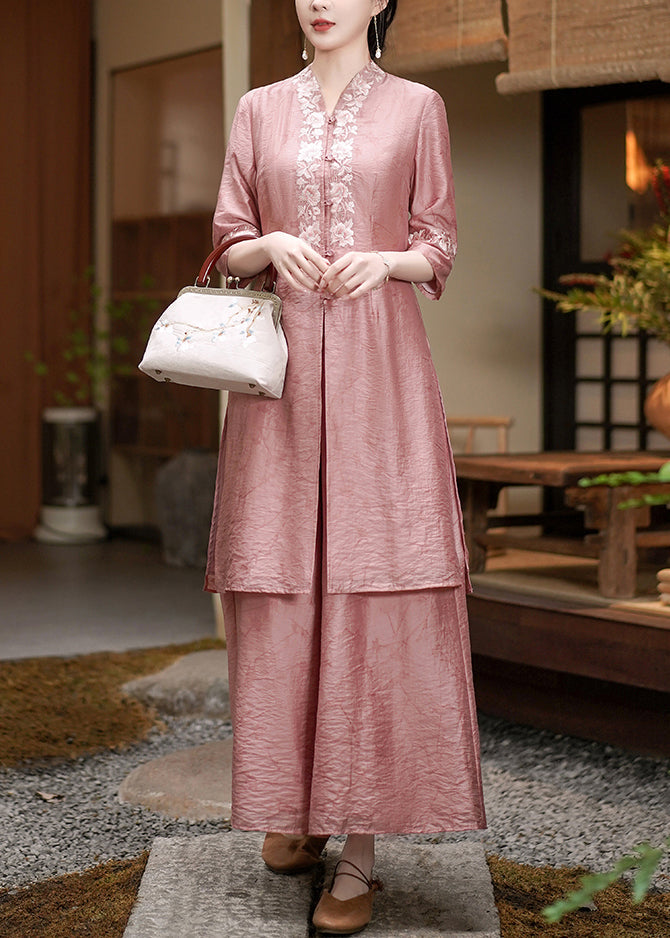 Chinese Style Pink Embroidered Button Side Open Silk Two Pieces Set Half Sleeve