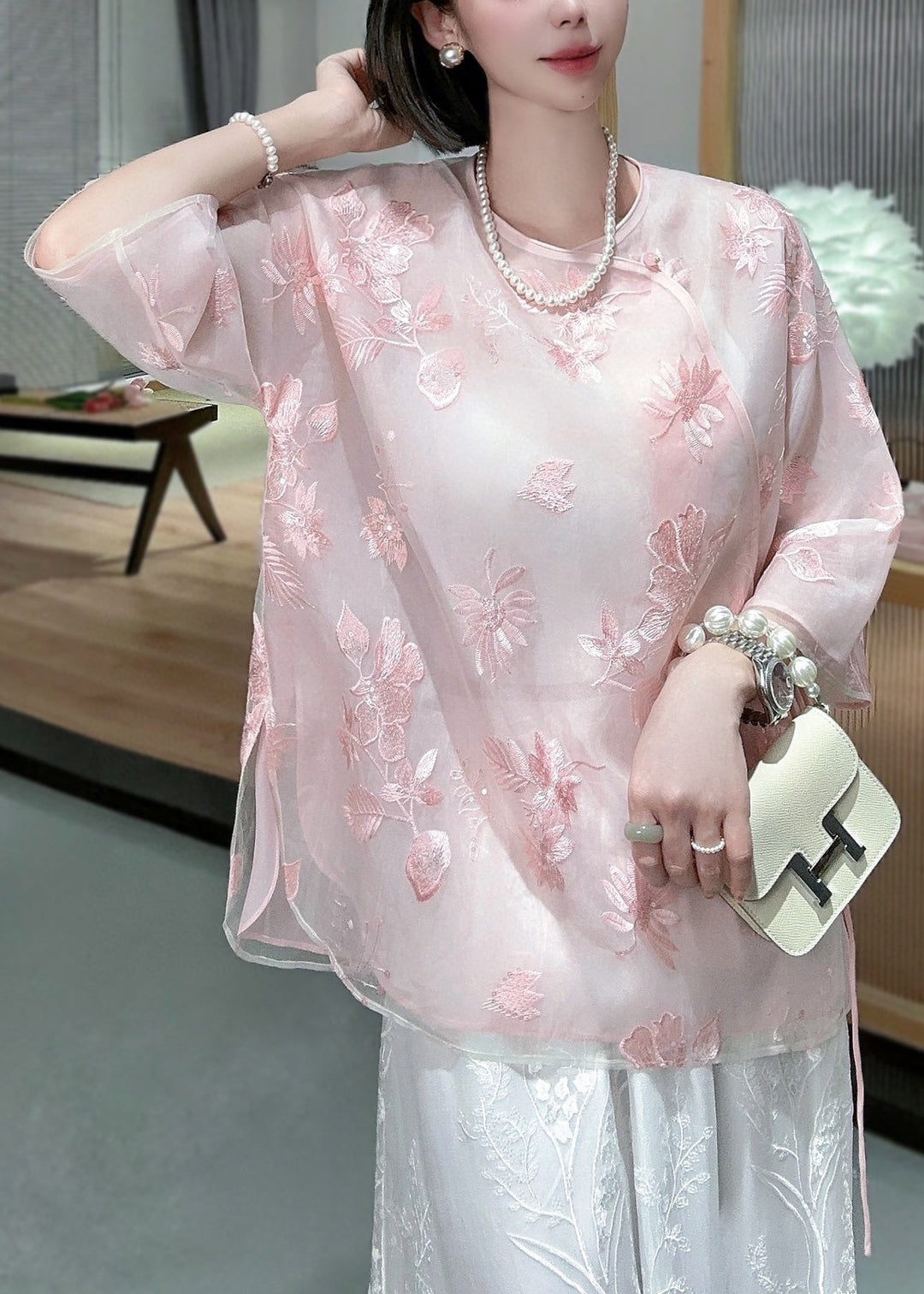 Chinese Style Pink Embroidered Lace Up Tulle Blouses Spring