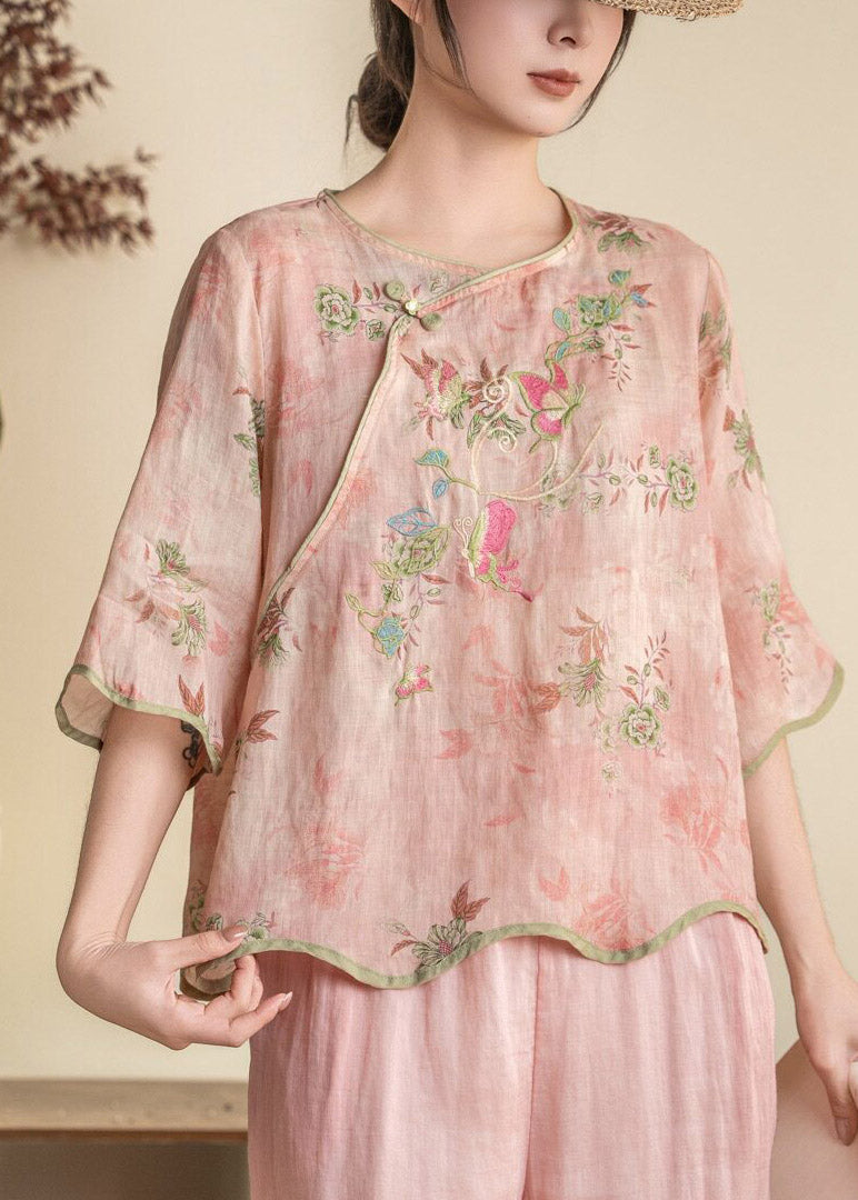 Chinese Style Pink Embroidered Linen Blouses Summer