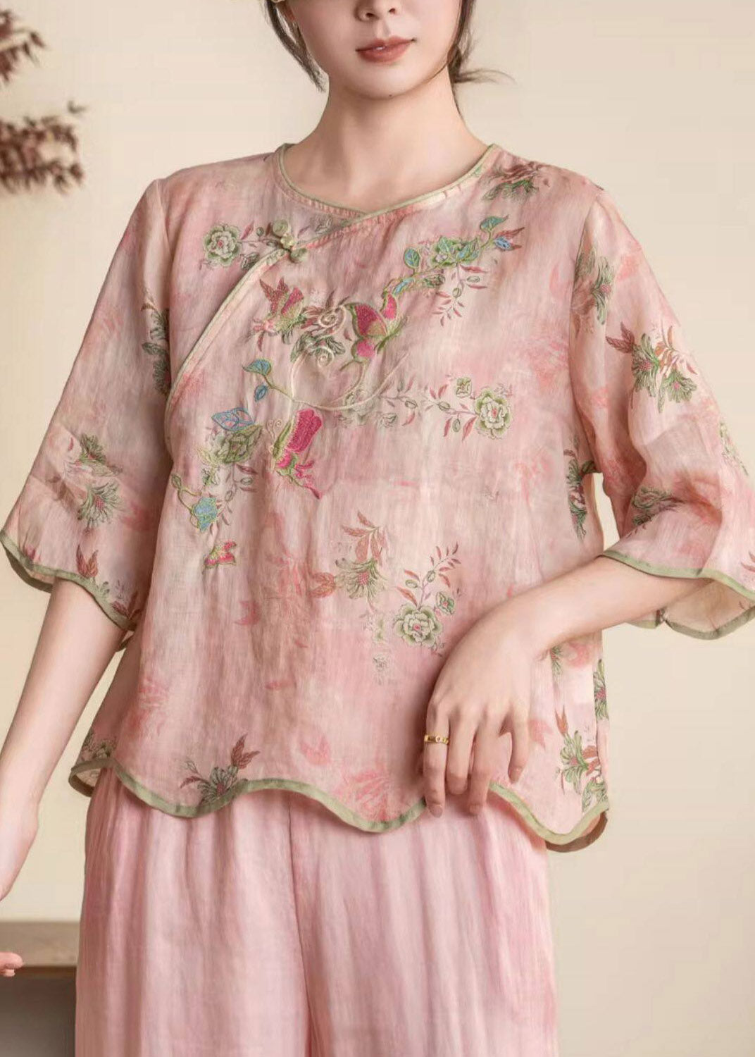 Chinese Style Pink Embroidered Linen Blouses Summer