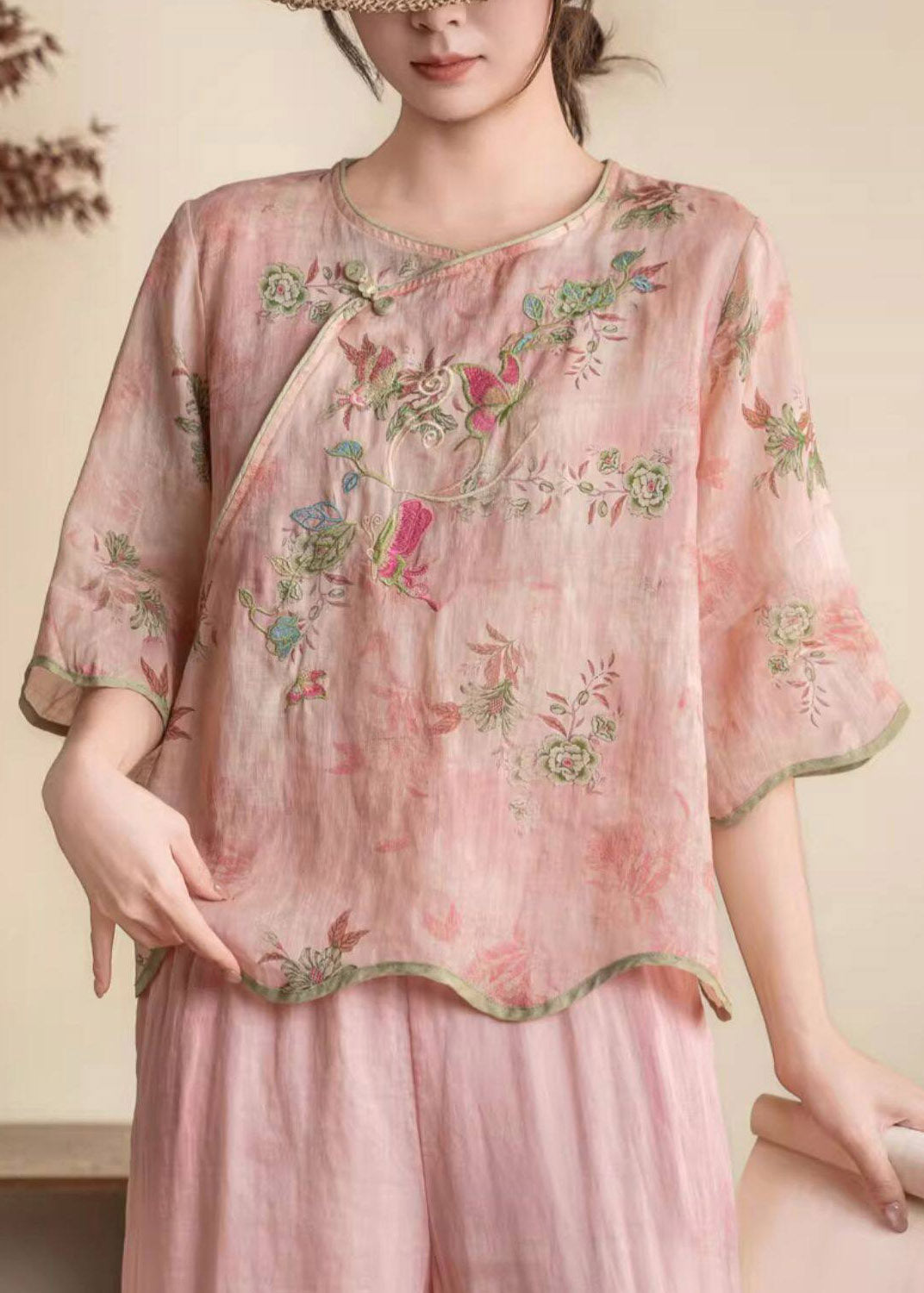 Chinese Style Pink Embroidered Linen Blouses Summer