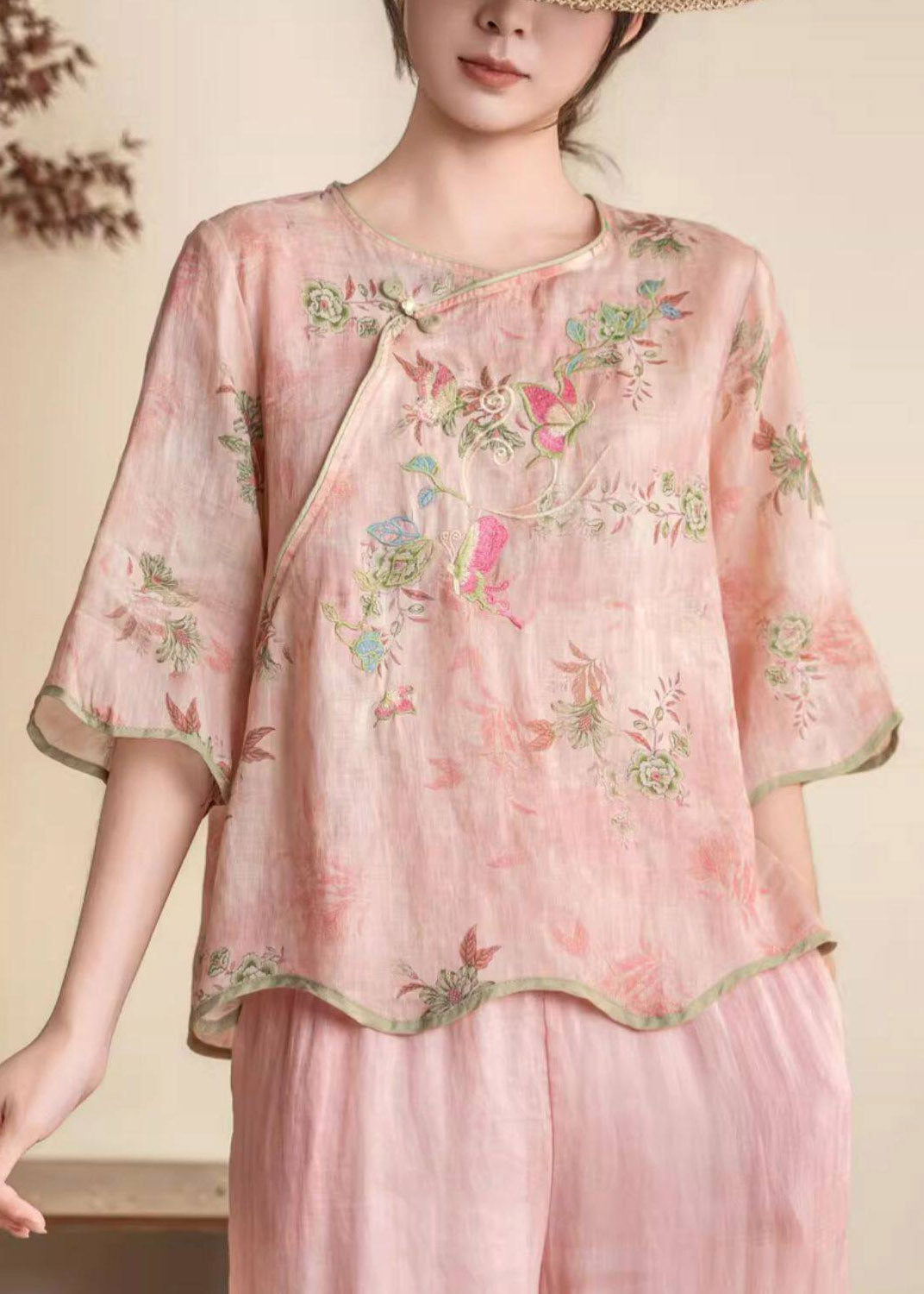 Chinese Style Pink Embroidered Linen Blouses Summer