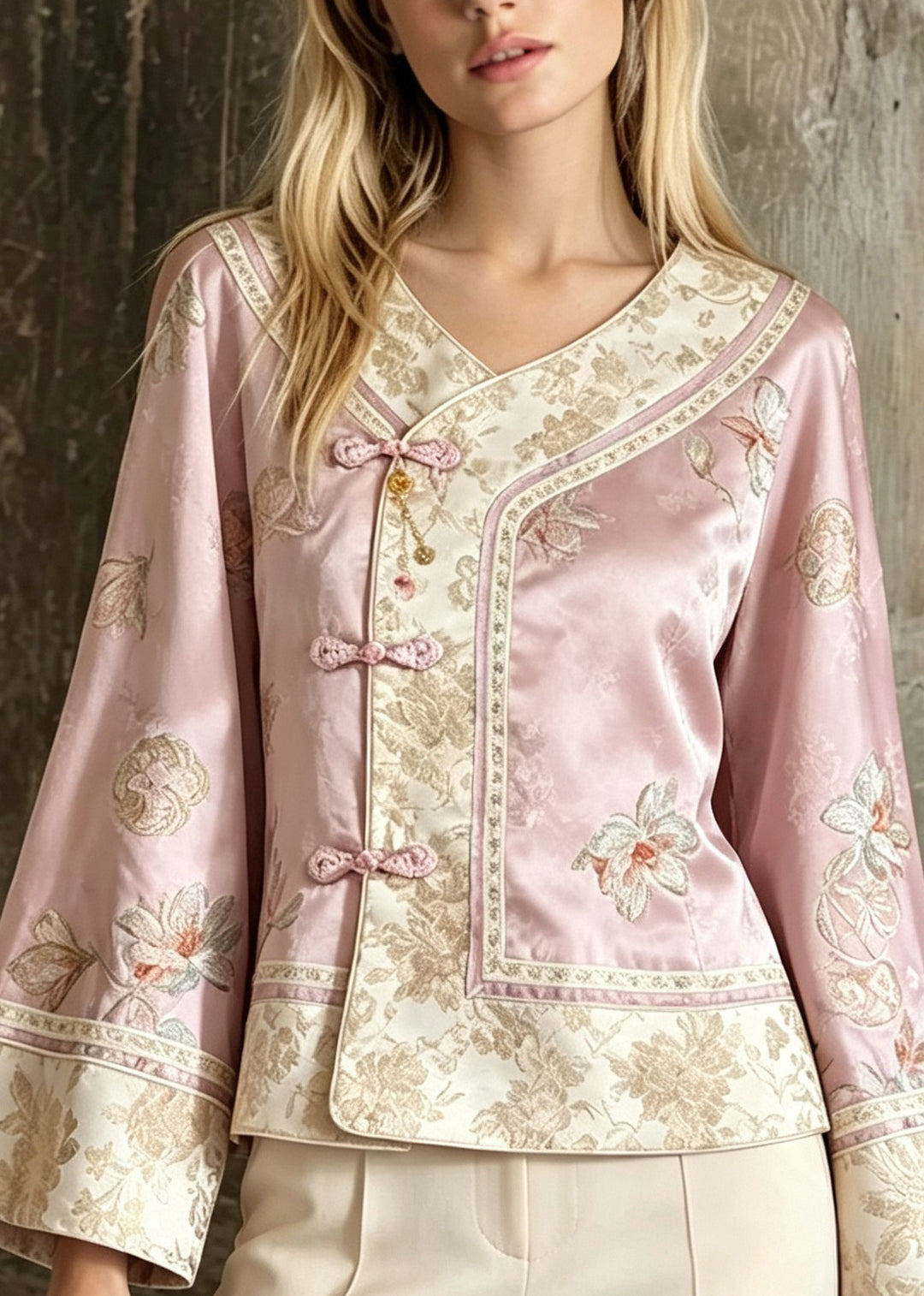 Chinese Style Pink Embroidered Patchwork Silk Jackets Fall