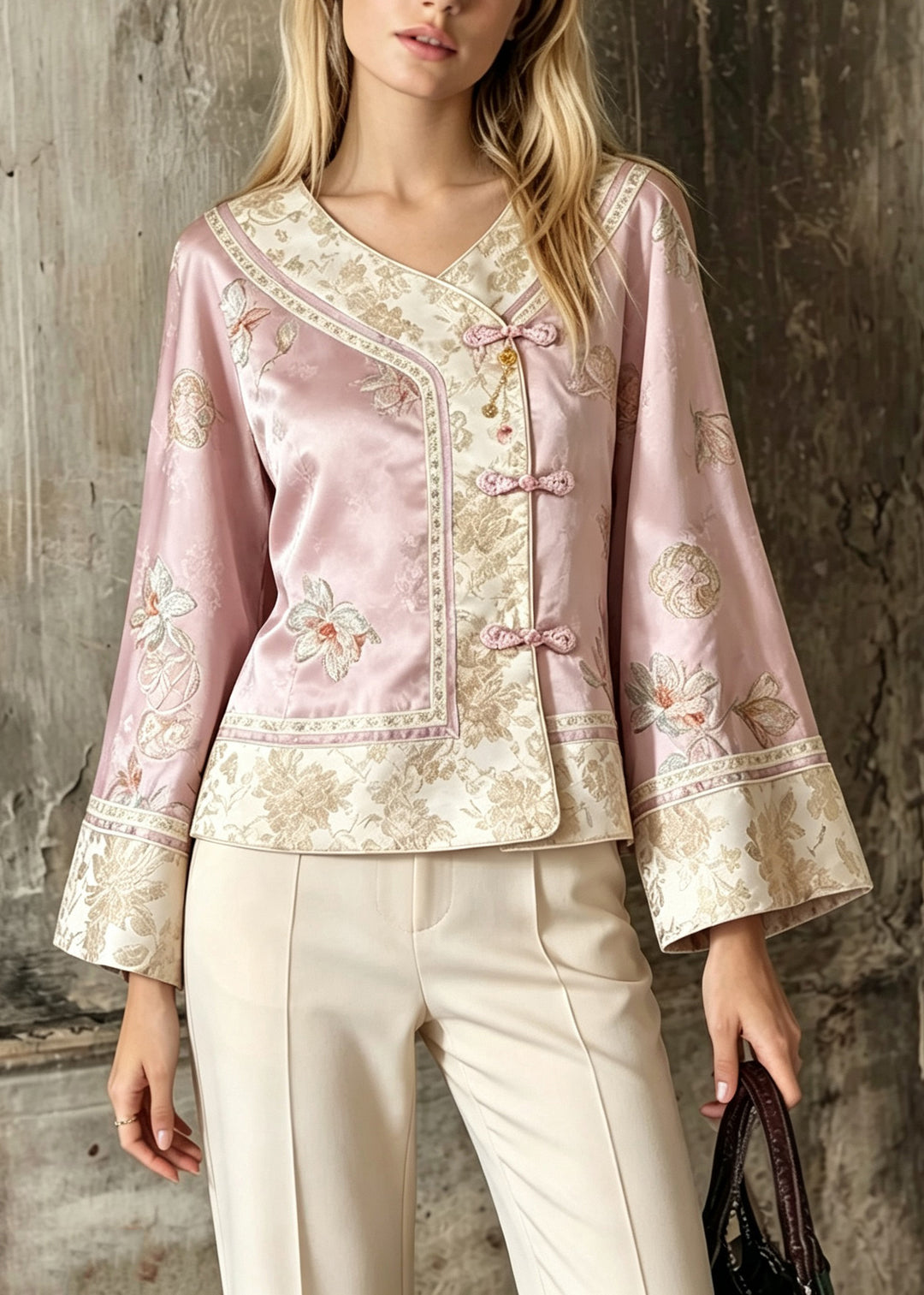 Chinese Style Pink Embroidered Patchwork Silk Jackets Fall