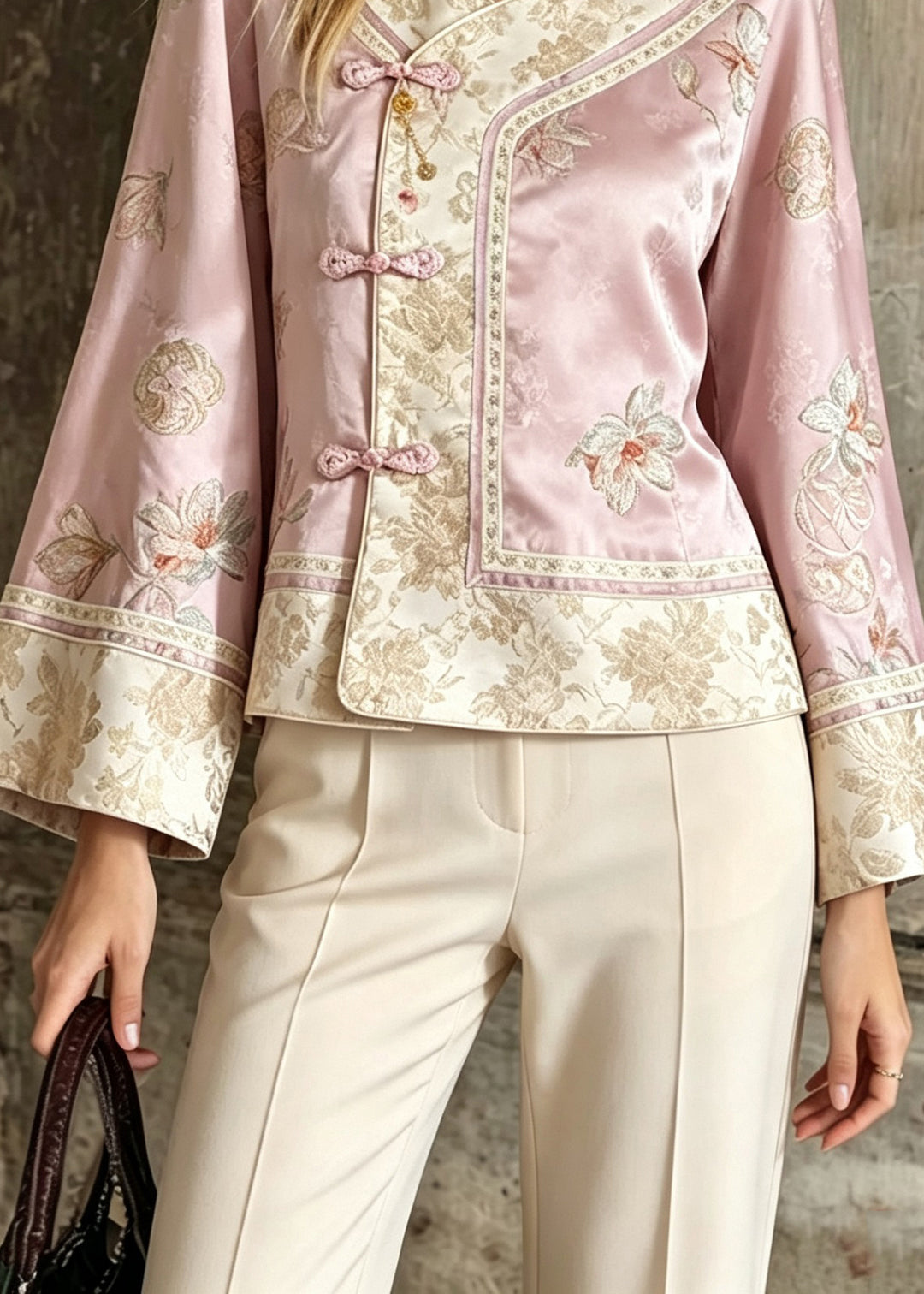 Chinese Style Pink Embroidered Patchwork Silk Jackets Fall