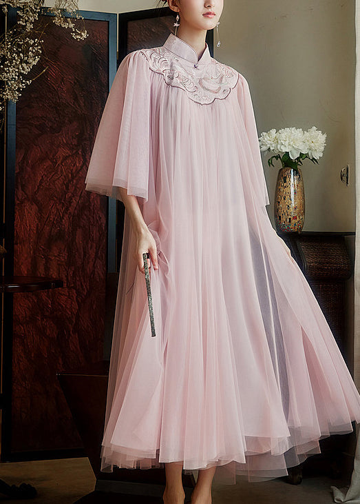 Chinese Style Pink Mandarin Collar Embroidered Tulle Dresses Summer