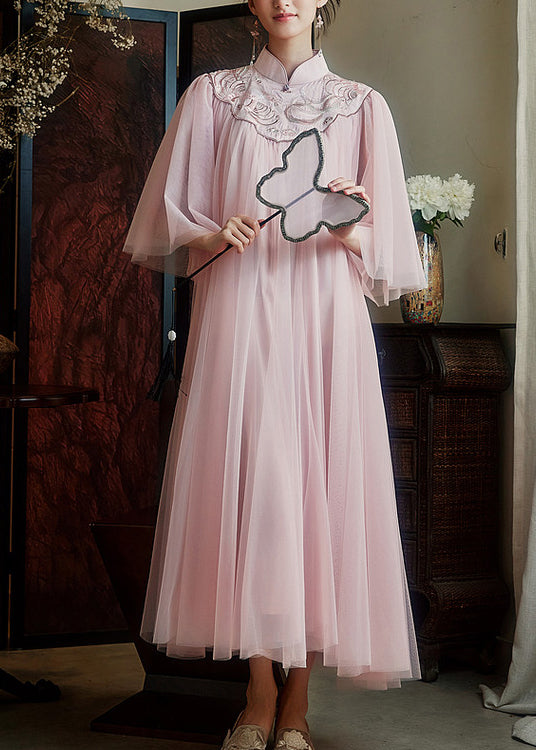 Chinese Style Pink Mandarin Collar Embroidered Tulle Dresses Summer