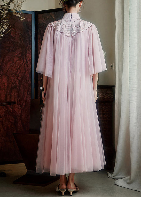 Chinese Style Pink Mandarin Collar Embroidered Tulle Dresses Summer