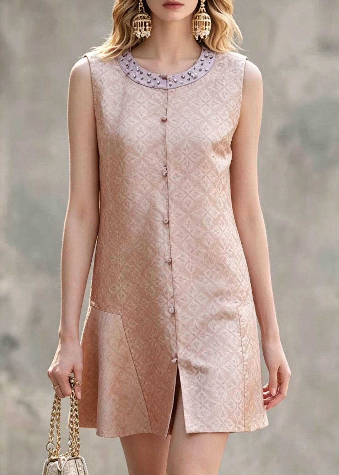 Chinese Style Pink Nail Bead Patchwork Mid Dress Sleeveless