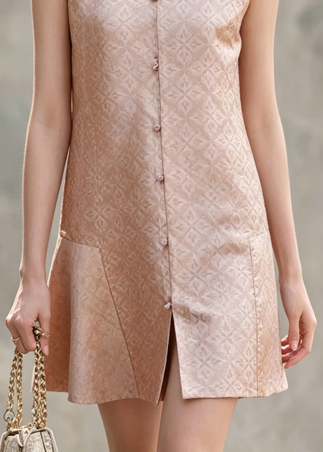 Chinese Style Pink Nail Bead Patchwork Mid Dress Sleeveless