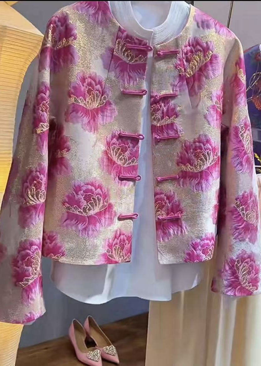 Chinese Style Pink O-Neck Print Coats Fal