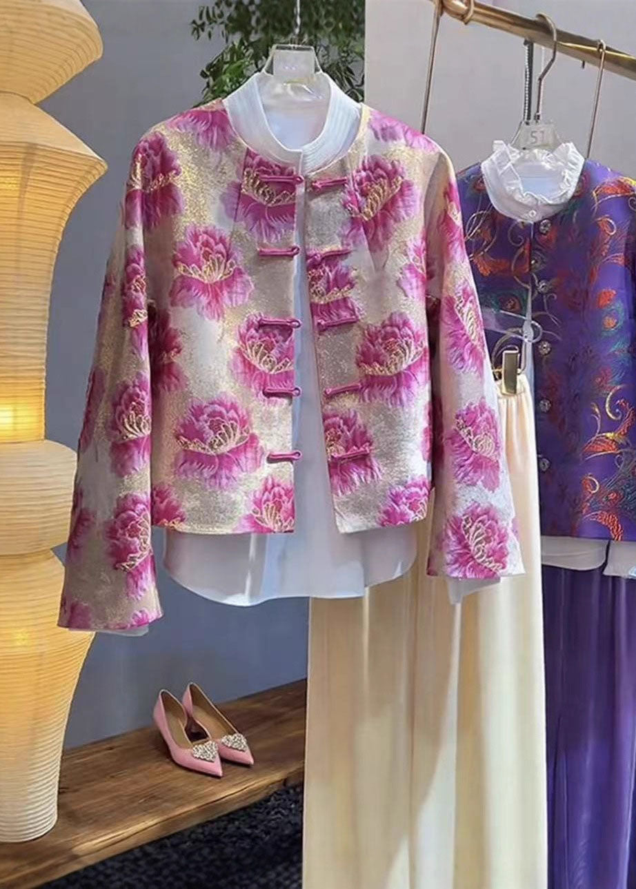 Chinese Style Pink O-Neck Print Coats Fal