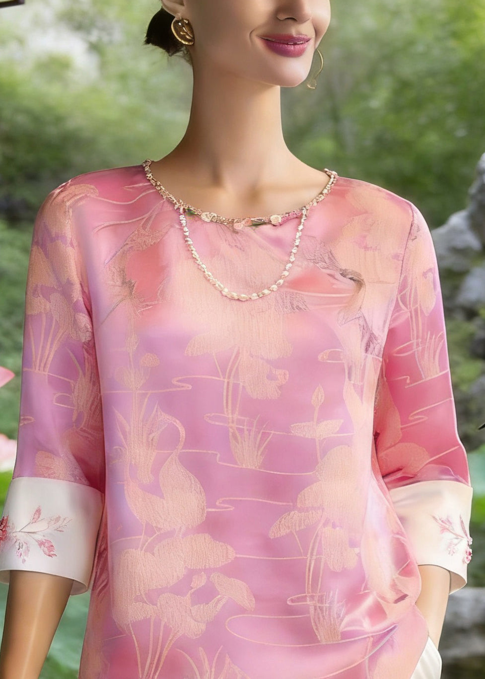 Chinese Style Pink O-Neck Print Silk T Shirt Three Quarter Sleeve - Omychic