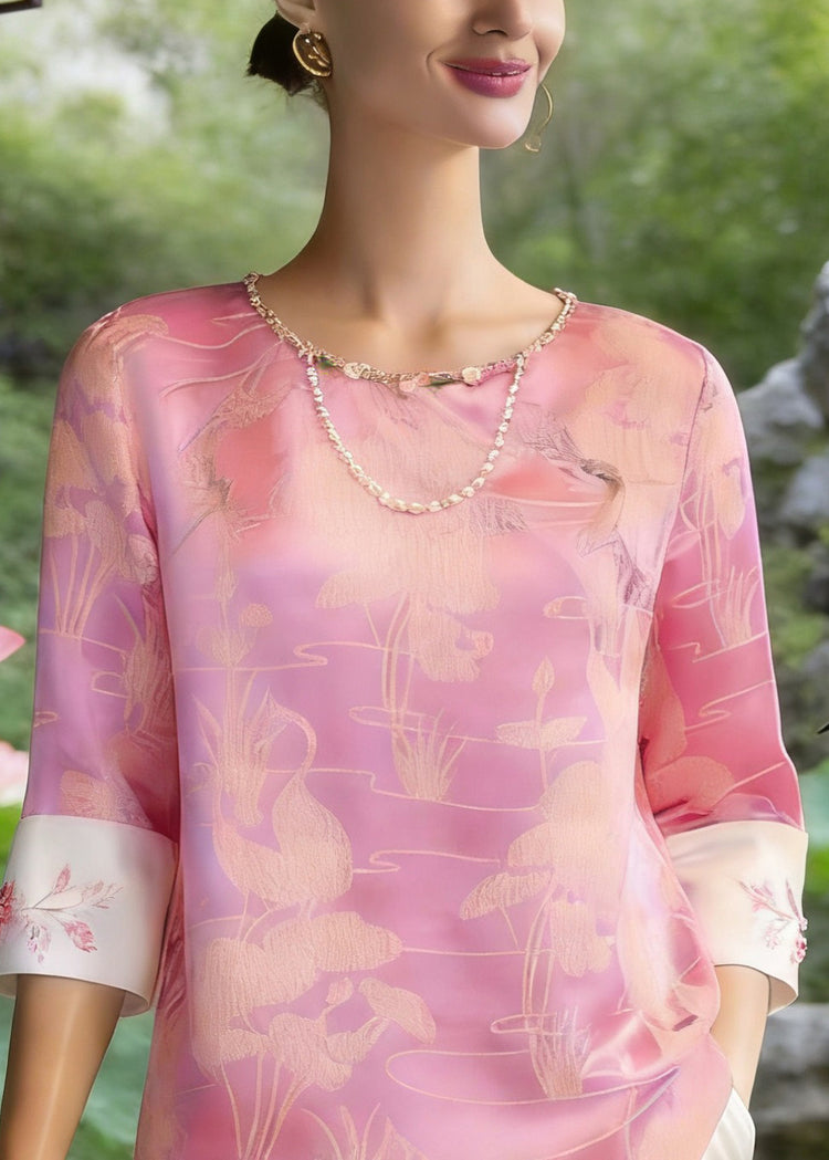 Chinese Style Pink O-Neck Print Silk T Shirt Three Quarter Sleeve - Omychic