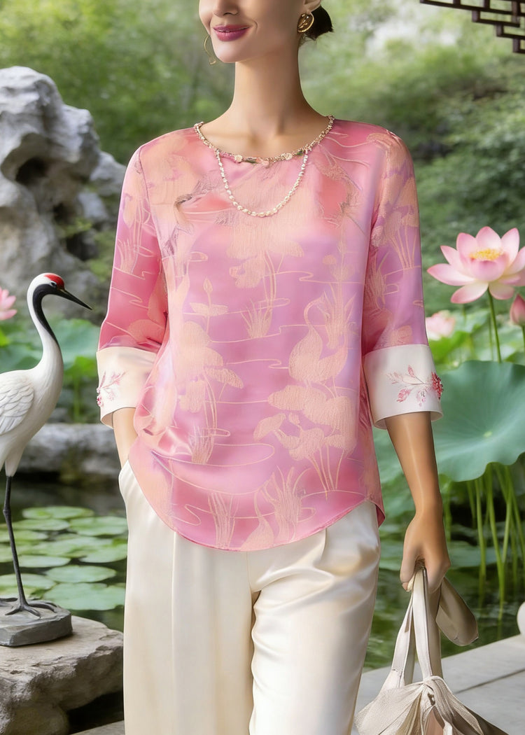 Chinese Style Pink O-Neck Print Silk T Shirt Three Quarter Sleeve - Omychic
