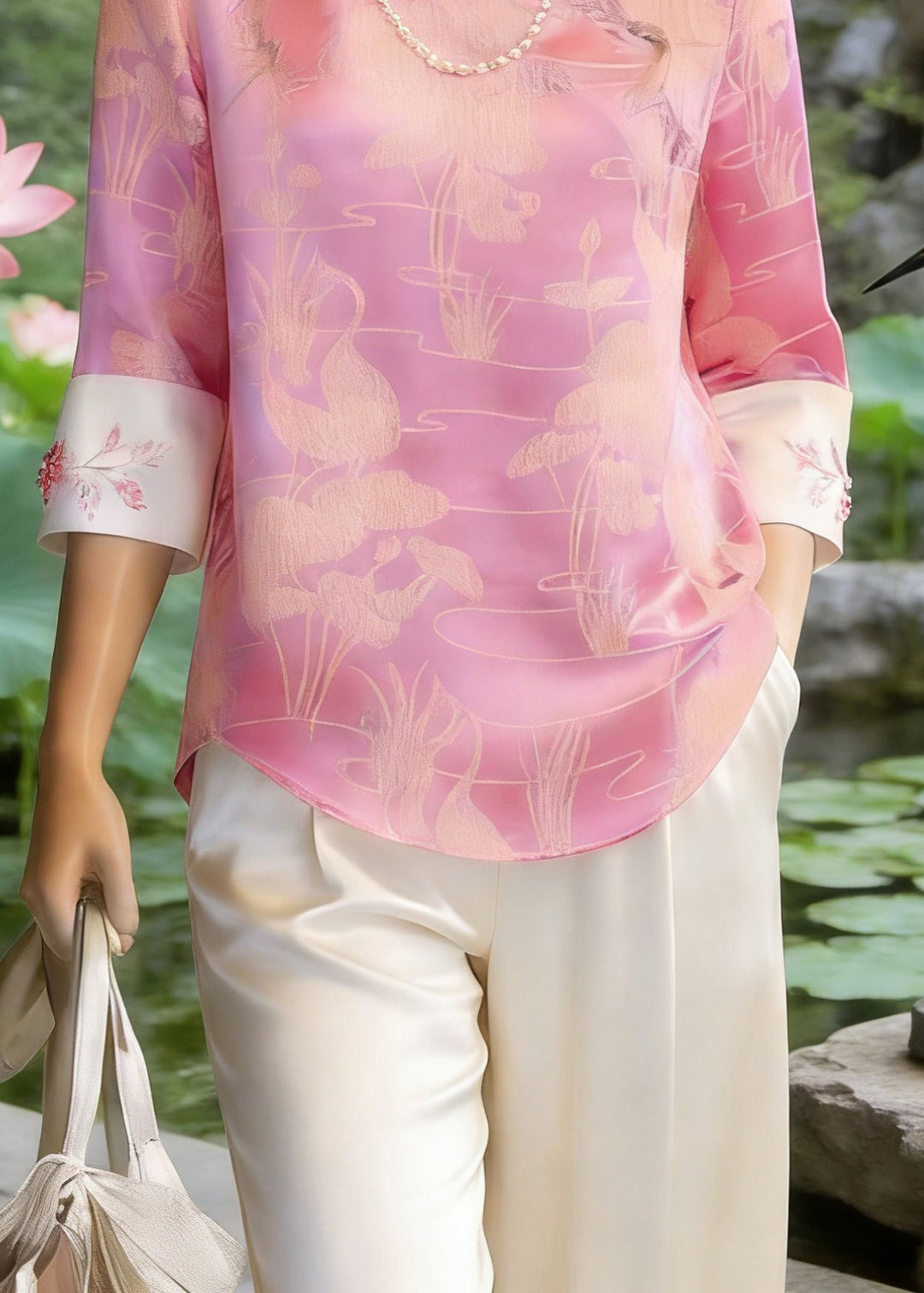 Chinese Style Pink O-Neck Print Silk T Shirt Three Quarter Sleeve - Omychic