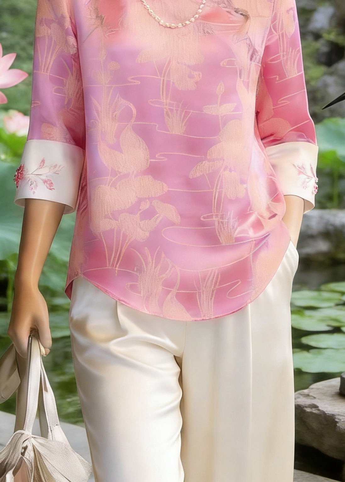 Chinese Style Pink O-Neck Print Silk T Shirt Three Quarter Sleeve - Omychic