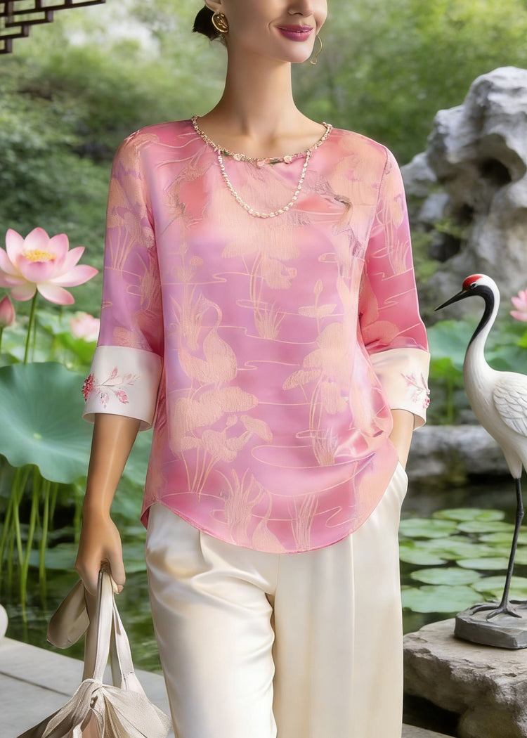 Chinese Style Pink O-Neck Print Silk T Shirt Three Quarter Sleeve - Omychic