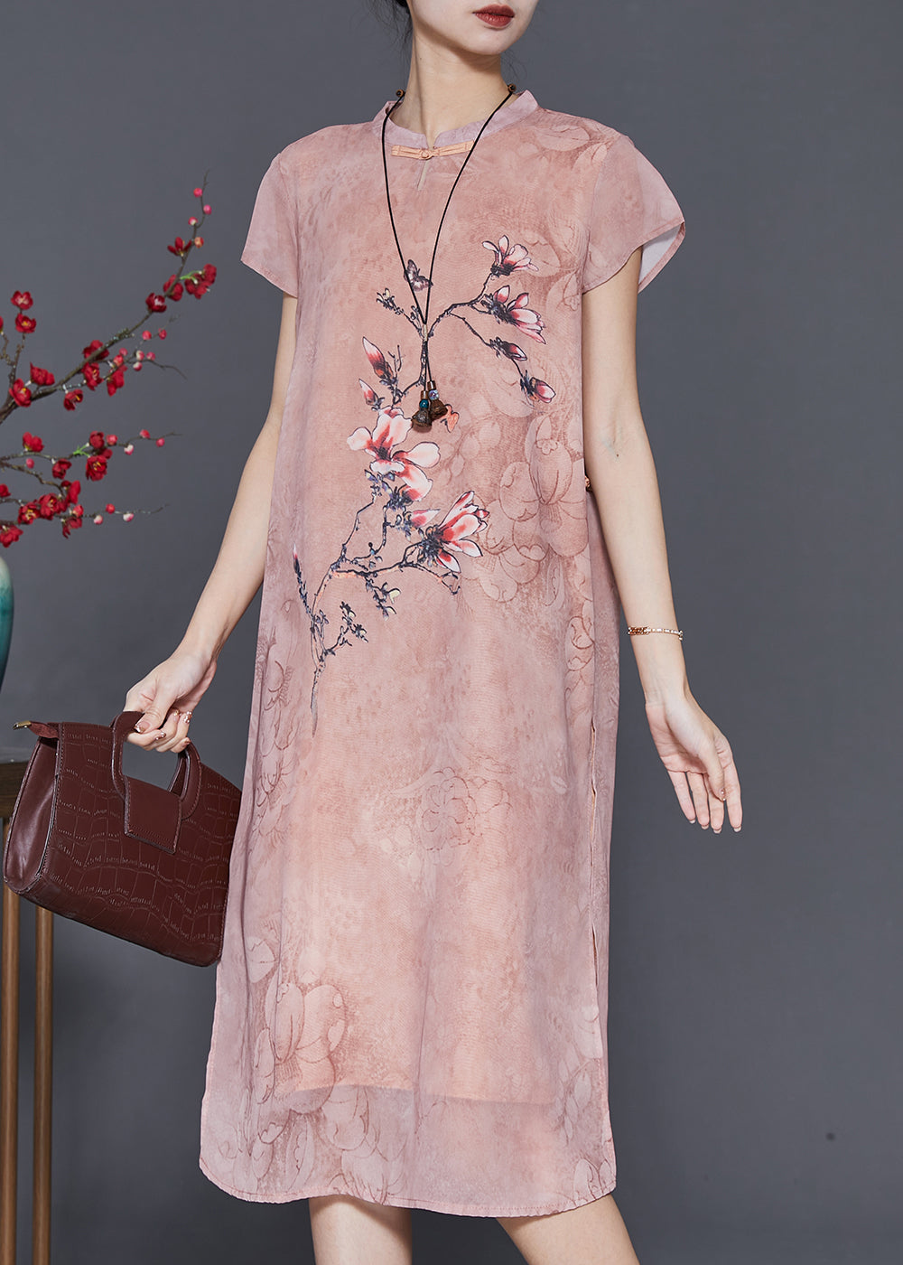 Chinese Style Pink Print Chiffon Cheongsam Dress Summer