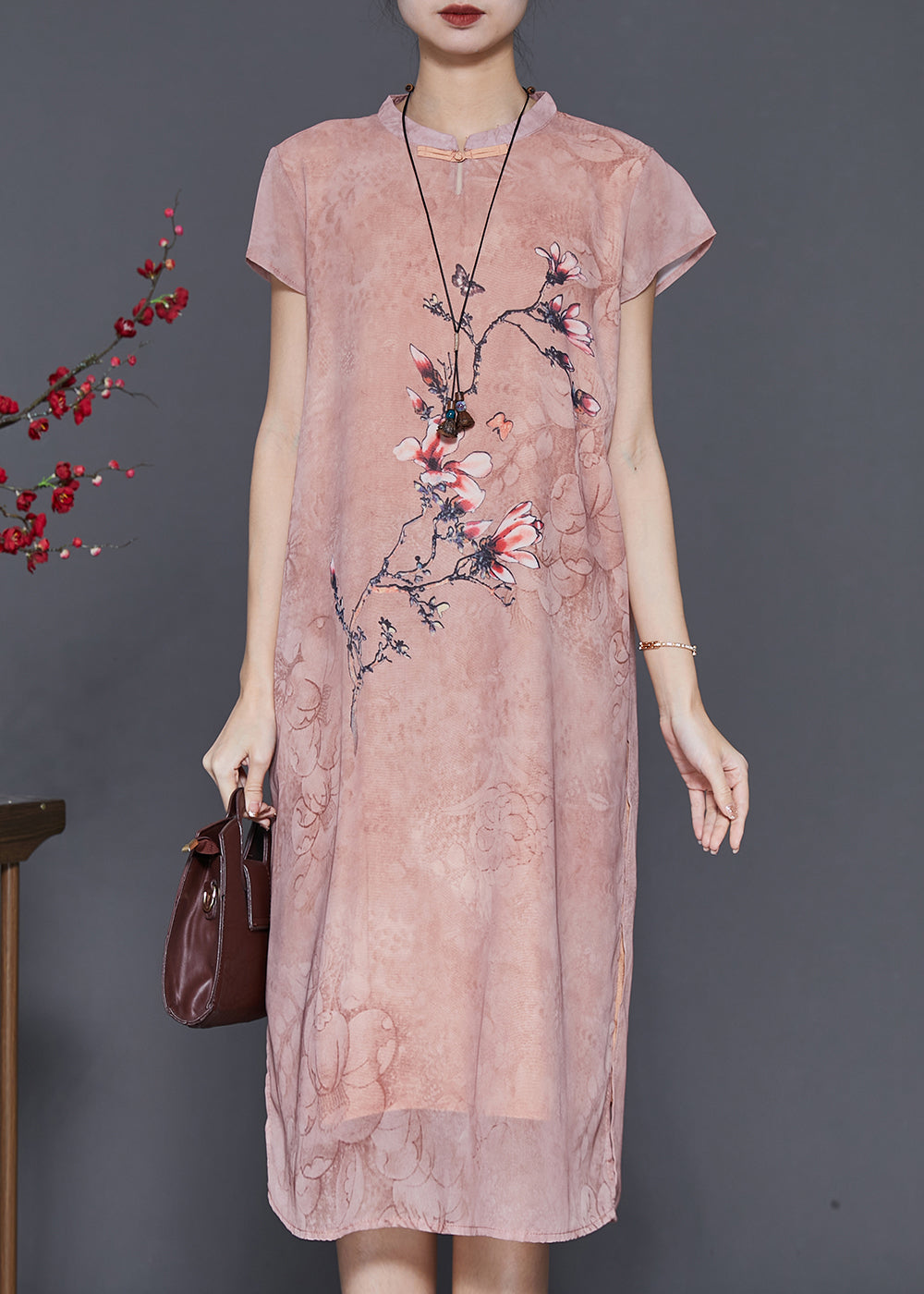 Chinese Style Pink Print Chiffon Cheongsam Dress Summer