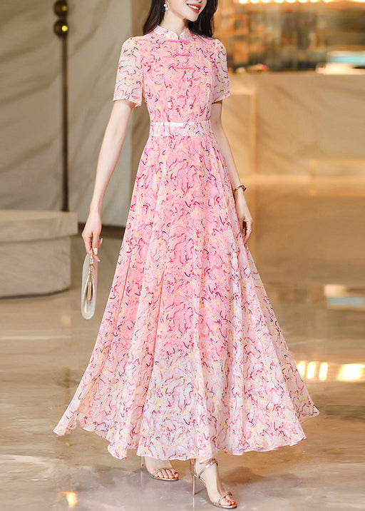 Chinese Style Pink Print Oriental Button Chiffon Dress Summer