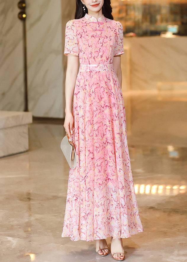 Chinese Style Pink Print Oriental Button Chiffon Dress Summer