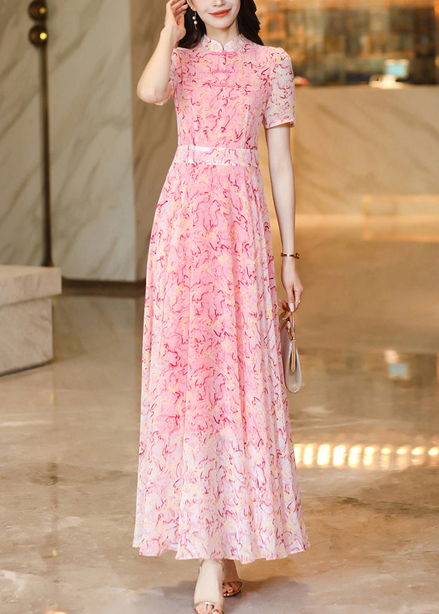 Chinese Style Pink Print Oriental Button Chiffon Dress Summer