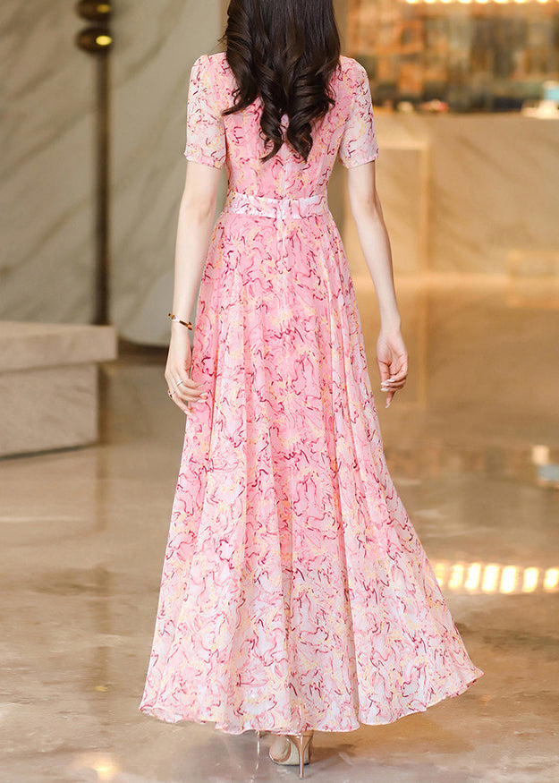 Chinese Style Pink Print Oriental Button Chiffon Dress Summer