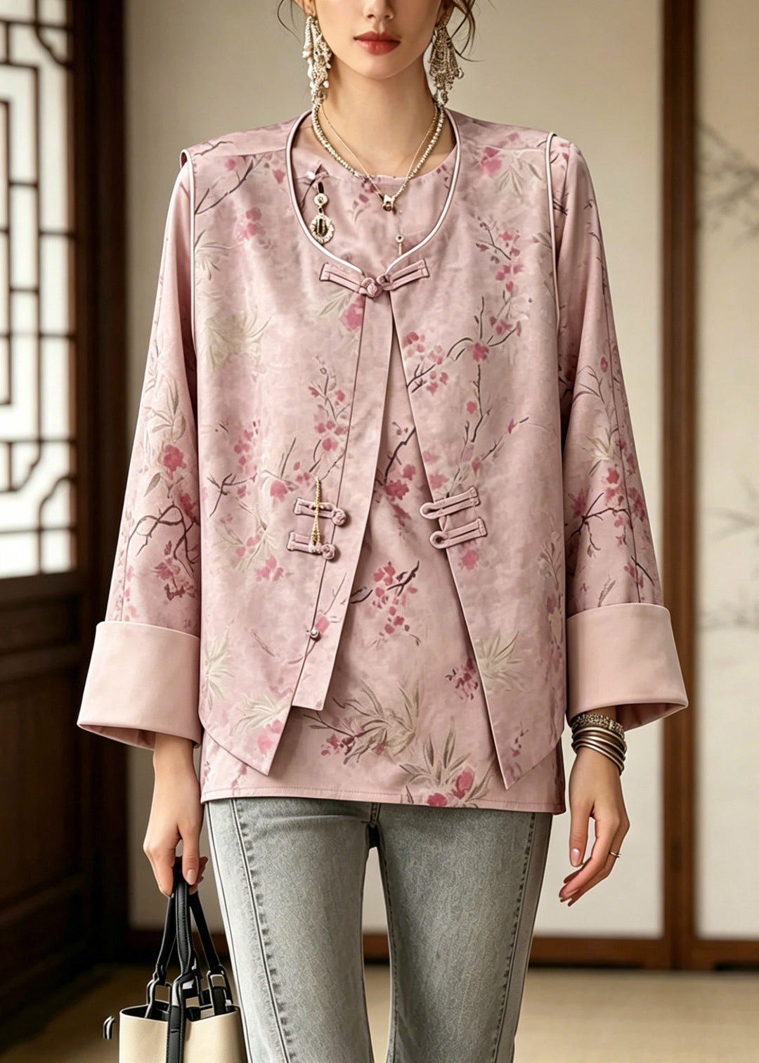Chinese Style Pink Print Waistcoat And Shirt Two Pieces Set Long Sleeve