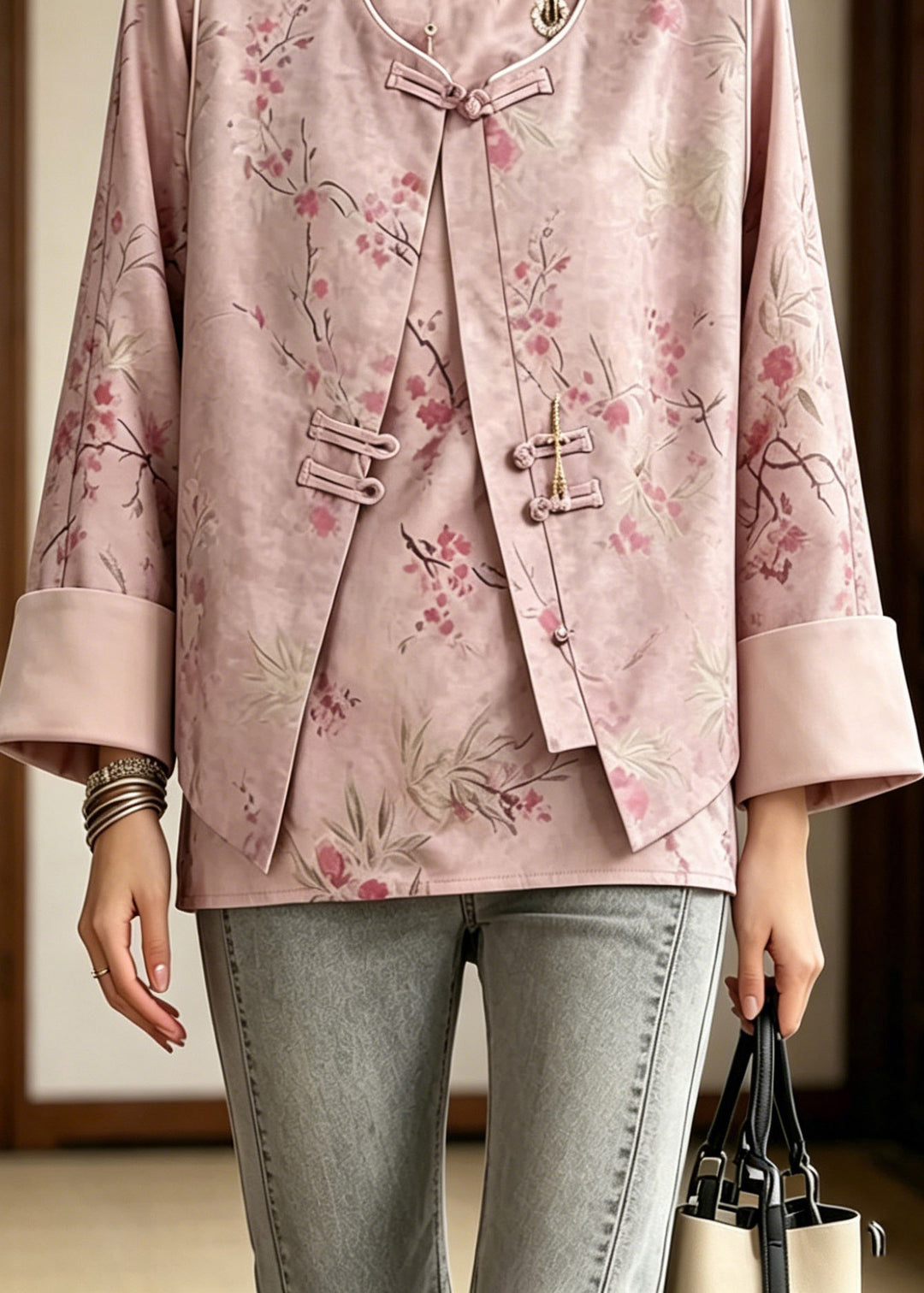Chinese Style Pink Print Waistcoat And Shirt Two Pieces Set Long Sleeve