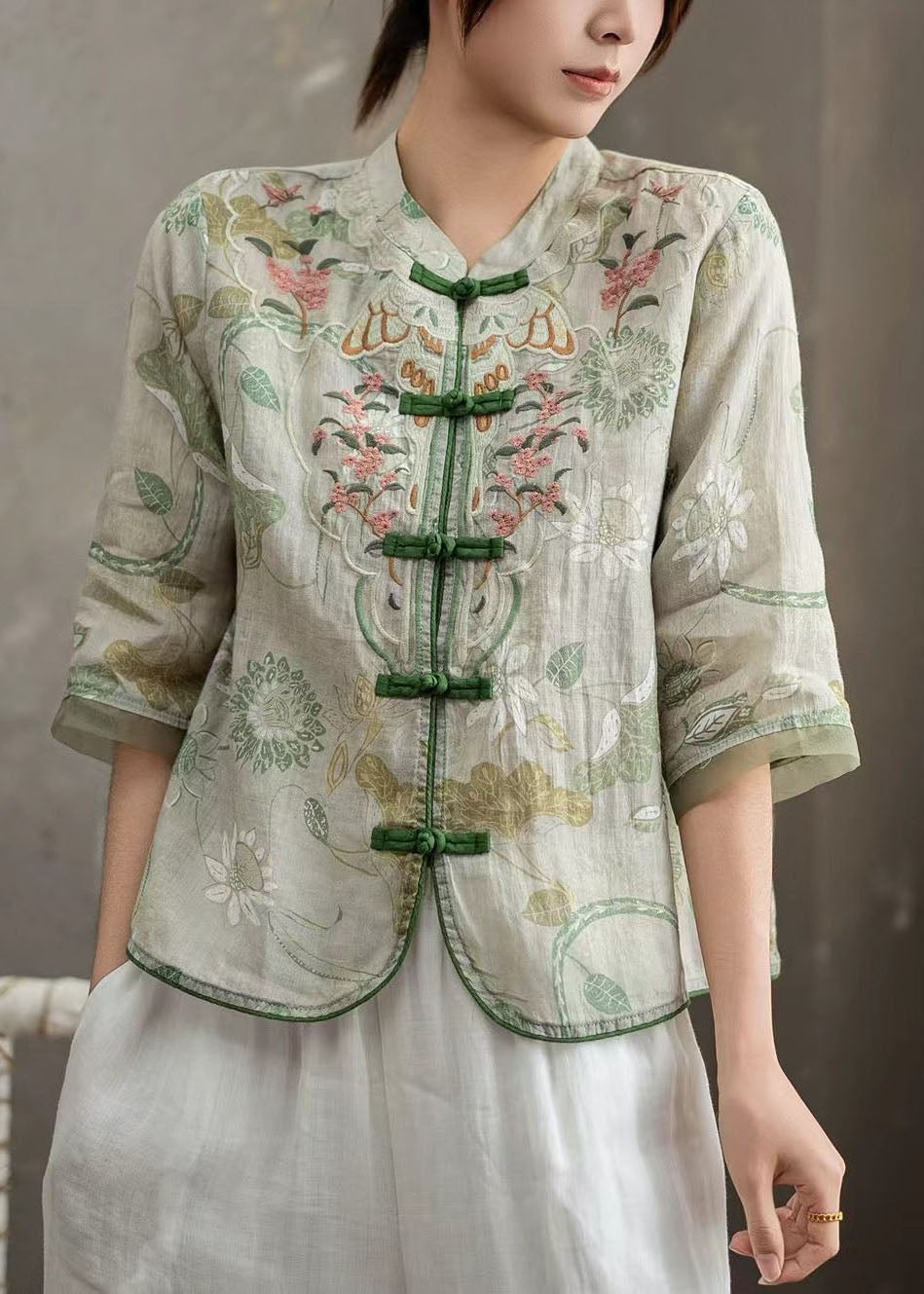 Chinese Style Pink Stand Collar Embroidered Linen Shirts Bracelet Sleeve