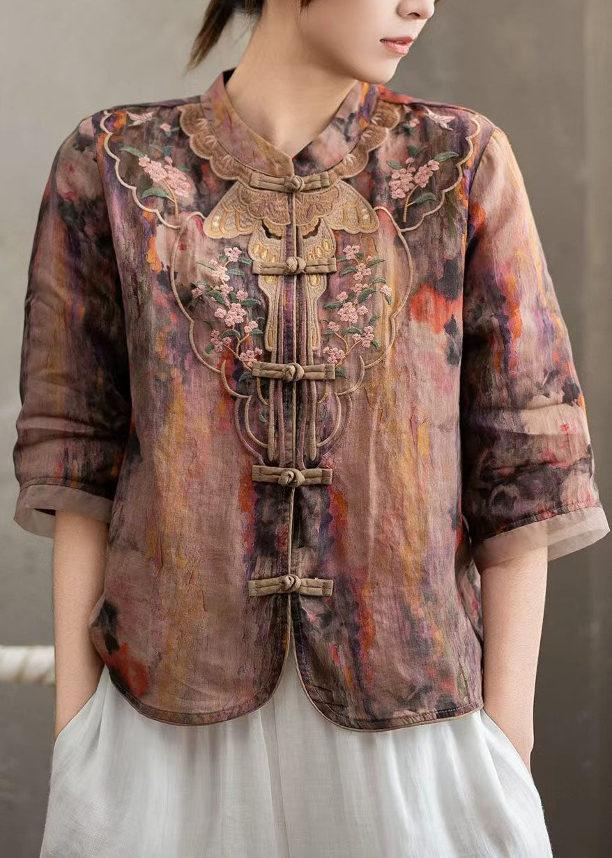 Chinese Style Pink Stand Collar Embroidered Linen Shirts Bracelet Sleeve